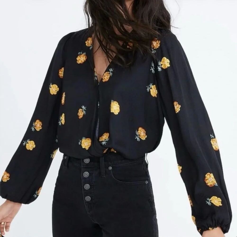 Madewell Womens Top XS Black Satin Floral Blouse Polka Dot